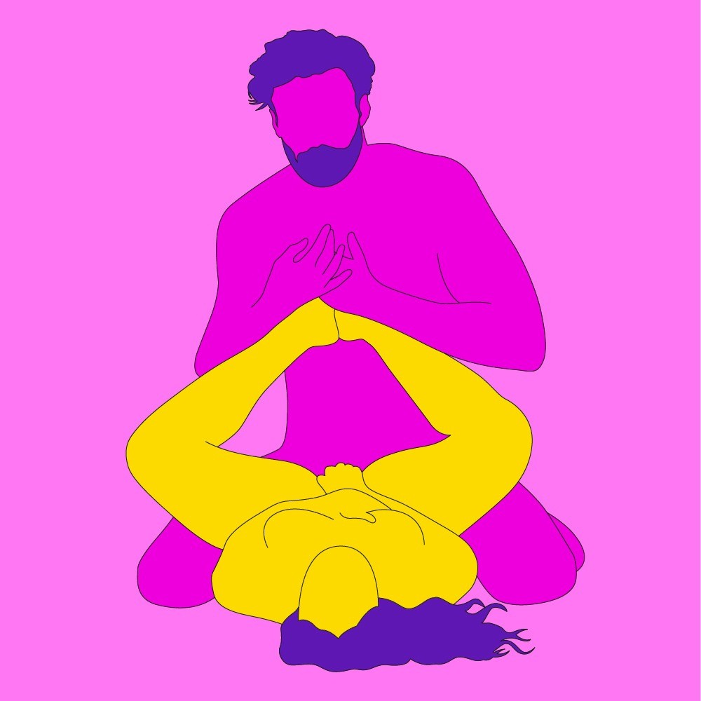 A naked illustrated couple in a lying down/kneeling penetration sex position.